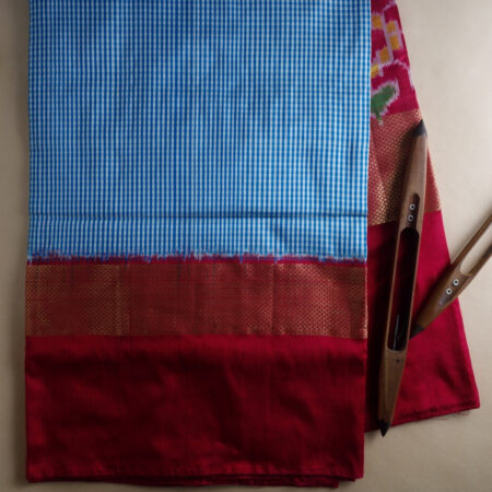 Blue And Pink Ikkath Checks Saree