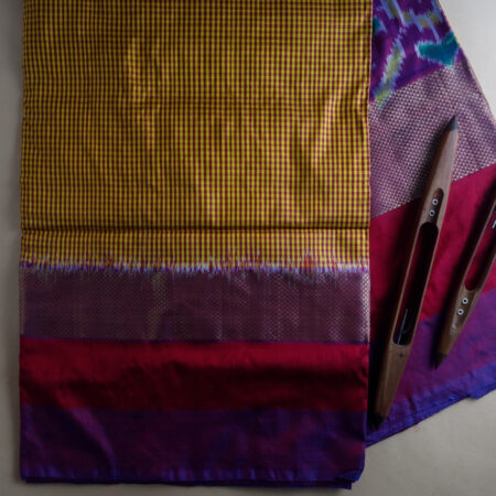 Yellow And Purple Ikkath Checks Saree