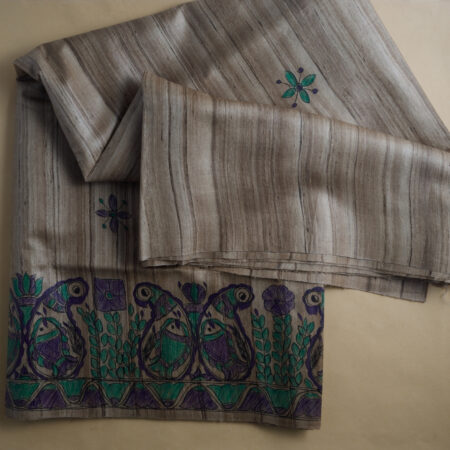 Tasar Madhubani with Green And Purple Hand Prints