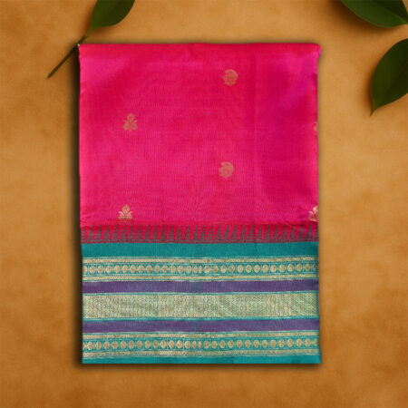 TEMPLE BORDER PURE SILK PINK/ROYAL BLUE