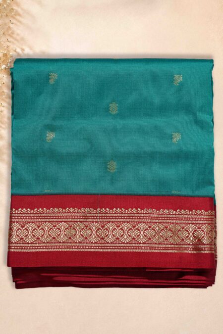10 Yards Saree - Light Rama Green (Red Border)