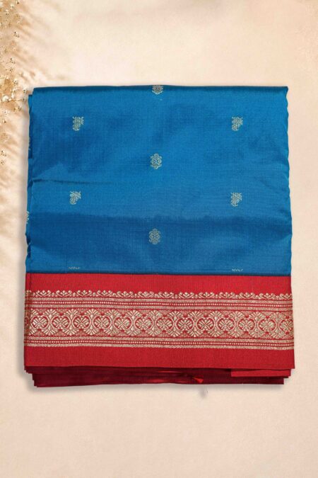 10 Yards Saree - Peacock Blue (Red Border)