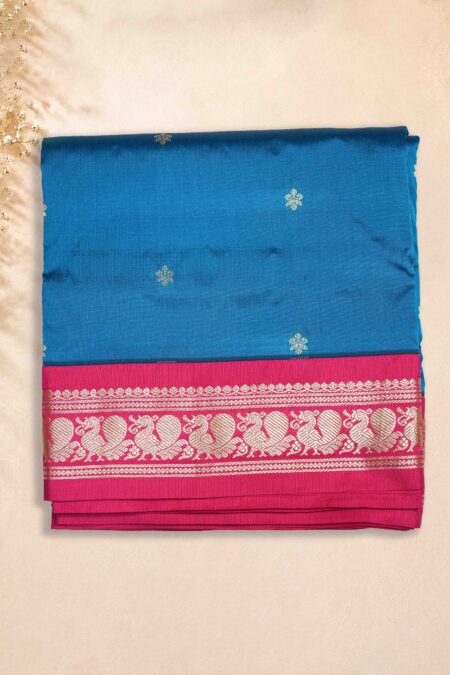 9 Yards Saree - Peacock Blue (Pink Border)