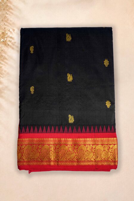 9 Yards Pure Silk Saree - Black *Red border