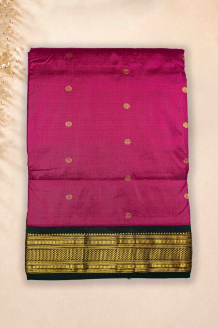 9 Yards Pure Silk Saree - Pink * Dark Green border