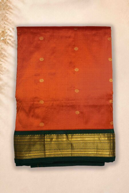9 Yards Pure Silk Saree - Brick Orange * Dark Green border