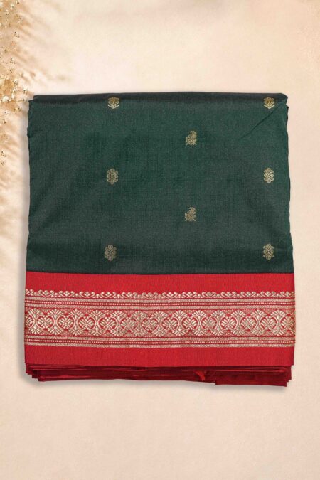 10 Yards Saree - Bottle Green (Red Border)