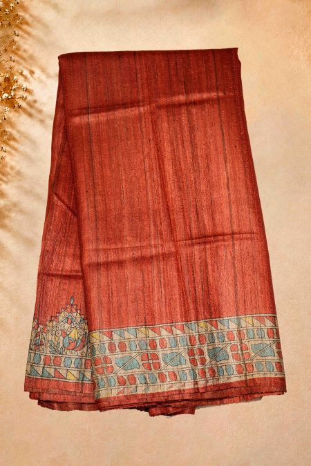 Tussar Silk Saree - Red - MGMAAB0160