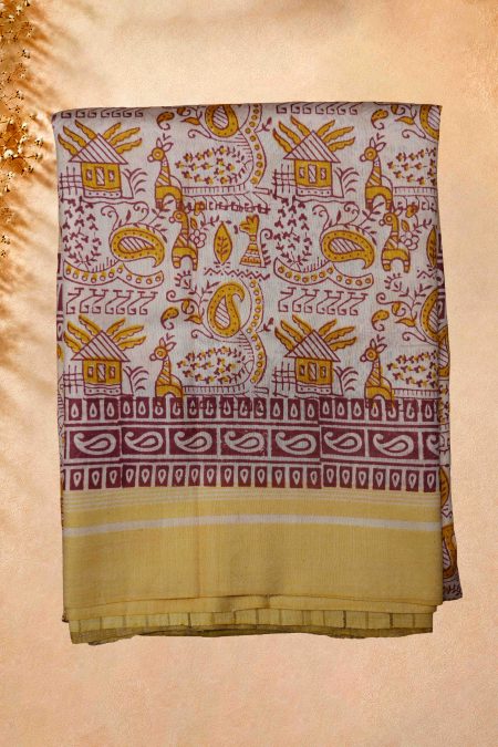 Tussar Silk Saree - White & Yellow - MGMAAB0256